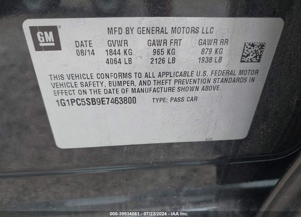 2014 CHEVROLET CRUZE 1LT AUTO VIN: 1G1PC5SB9E7463800