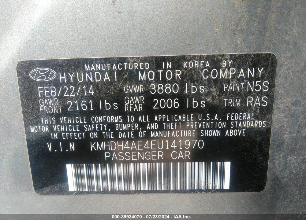 2014 HYUNDAI ELANTRA SE VIN: KMHDH4AE4EU141970