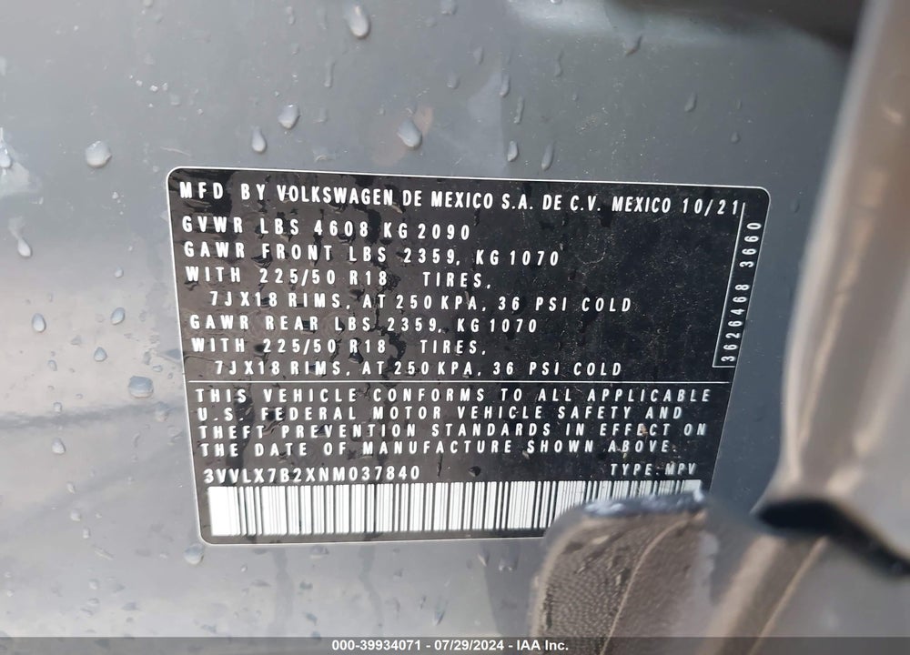 2022 VOLKSWAGEN TAOS 1.5T SE VIN: 3VVLX7B2XNM037840