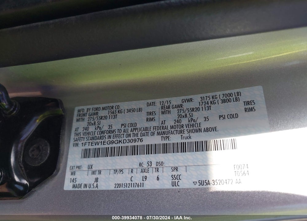 2016 FORD F-150 XLT VIN: 1FTEW1EG9GKD30976