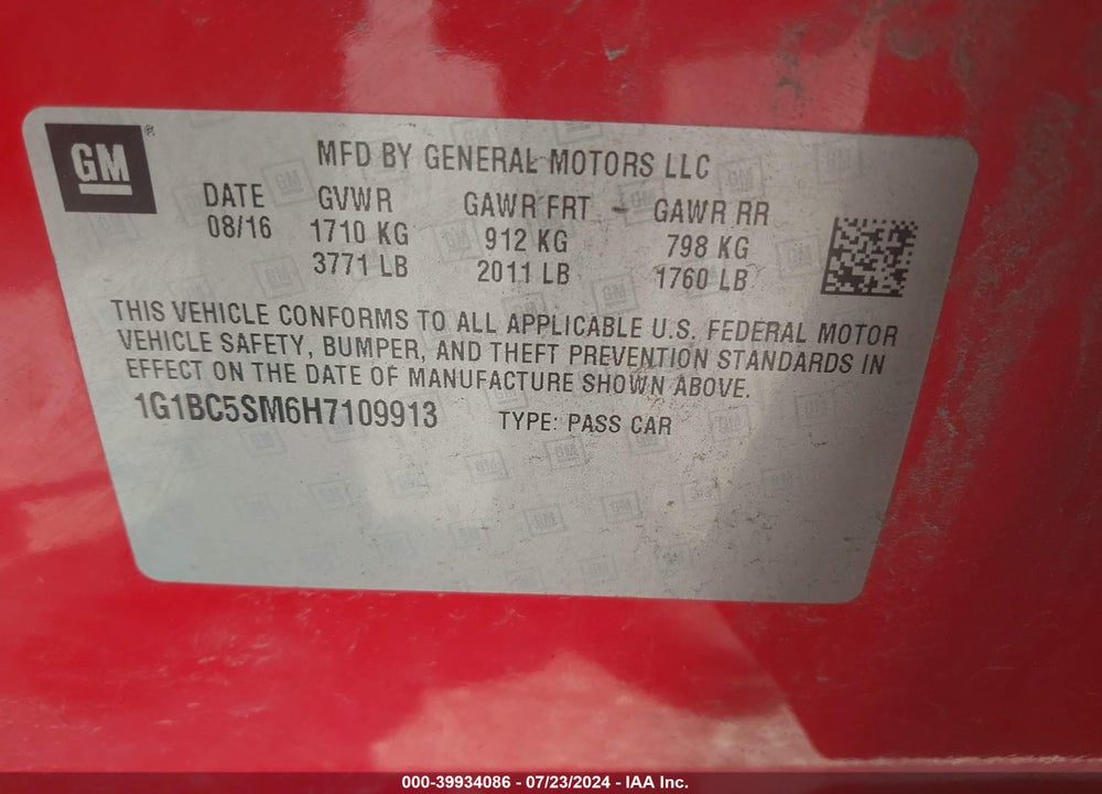 2017 CHEVROLET CRUZE LS AUTO VIN: 1G1BC5SM6H7109913