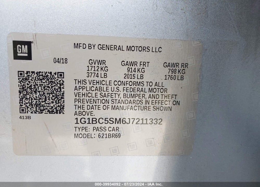 2018 CHEVROLET CRUZE LS AUTO VIN: 1G1BC5SM6J7211332