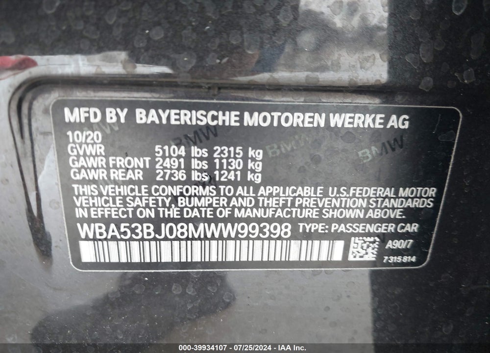 2021 BMW 540I VIN: WBA53BJ08MWW99398
