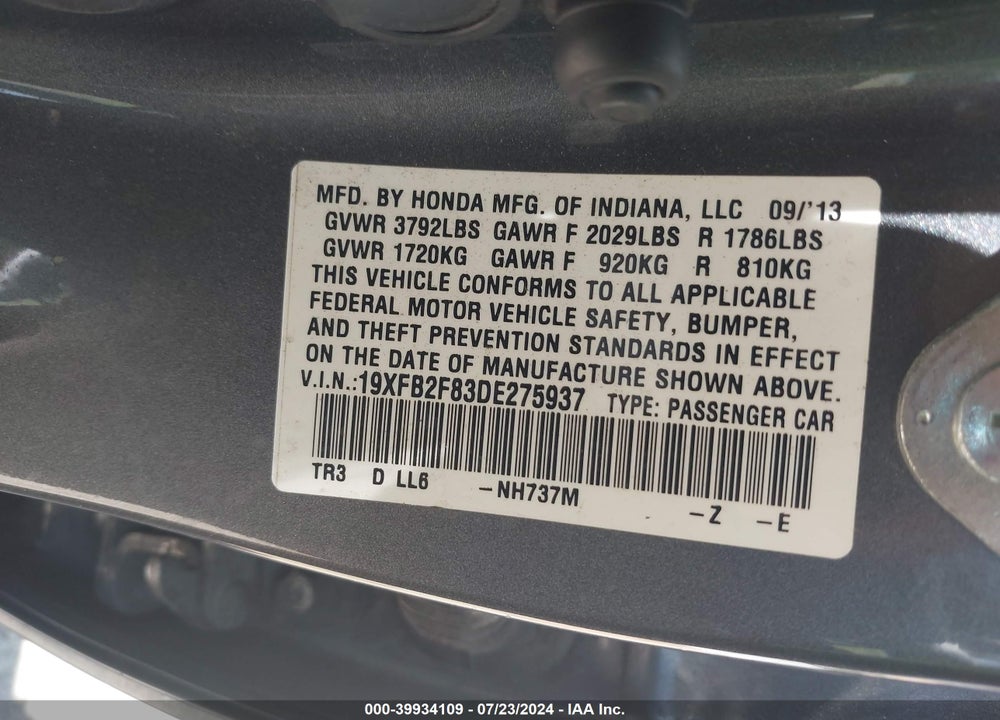 2013 HONDA CIVIC EX VIN: 19XFB2F83DE275937