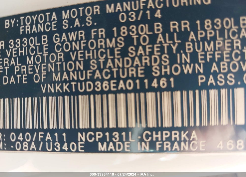 2014 TOYOTA YARIS L (TMMF PLANT) VIN: VNKKTUD36EA011461