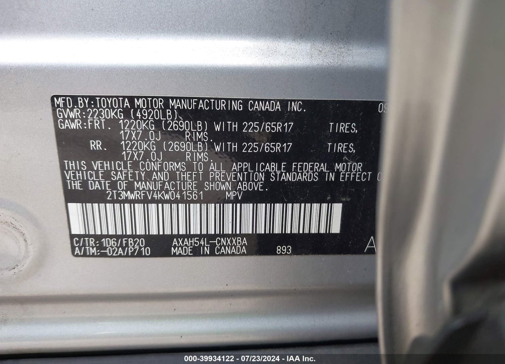 2019 TOYOTA RAV4 HYBRID VIN: 2T3MWRFV4KW041561