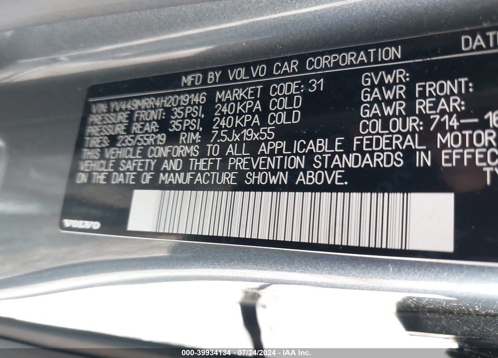 2017 VOLVO XC60 T6 DYNAMIC VIN: YV449MRR4H2019146