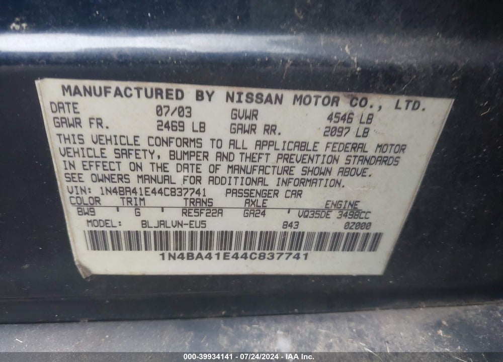 2004 NISSAN MAXIMA 3.5 SE VIN: 1N4BA41E44C837741