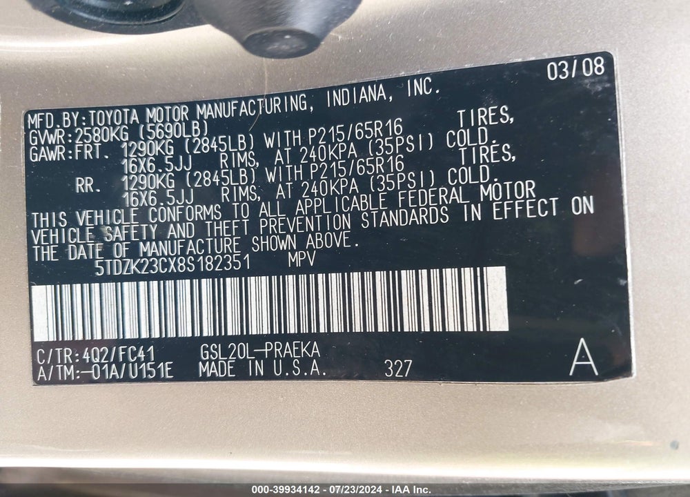 2008 TOYOTA SIENNA VIN: 5TDZK23CX8S182351