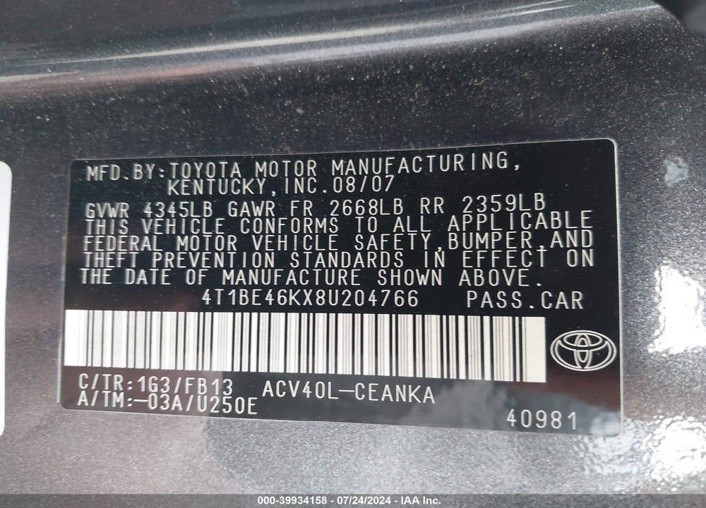2008 TOYOTA CAMRY LE VIN: 4T1BE46KX8U204766