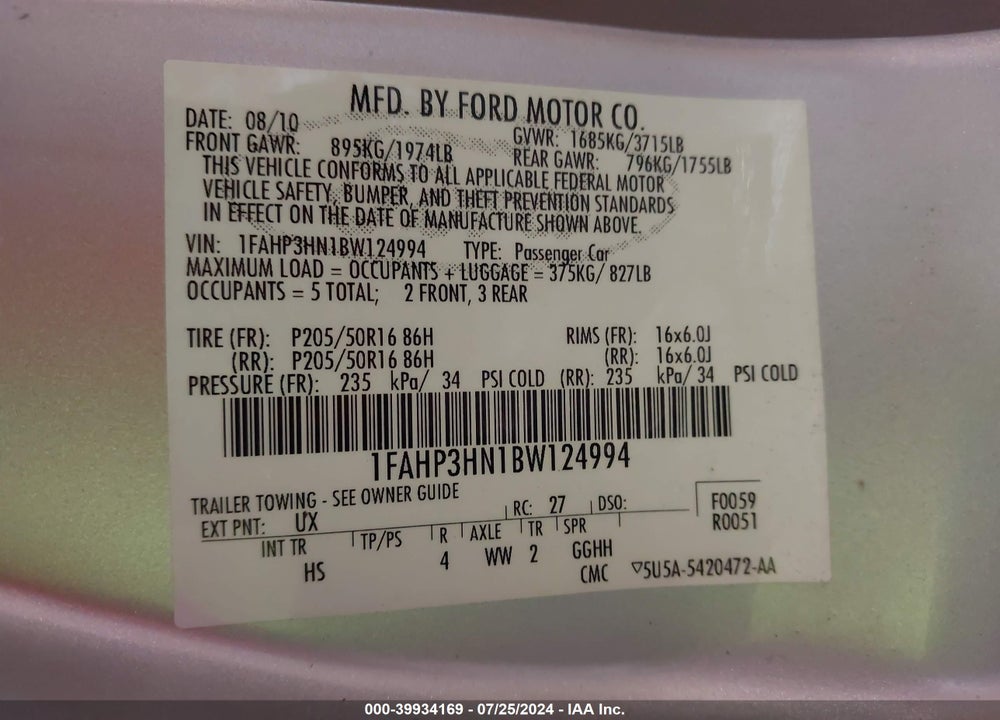 2011 FORD FOCUS SEL VIN: 1FAHP3HN1BW124994