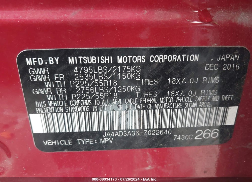 2017 MITSUBISHI OUTLANDER SE VIN: JA4AD3A36HZ022640