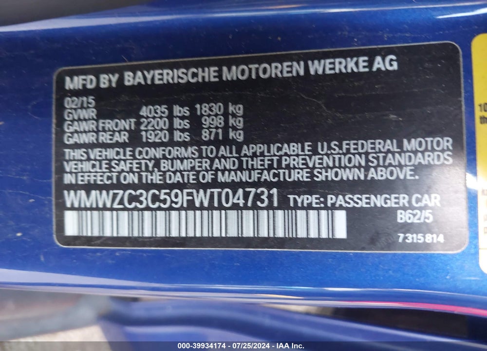 2015 MINI COUNTRYMAN COOPER S VIN: WMWZC3C59FWT04731