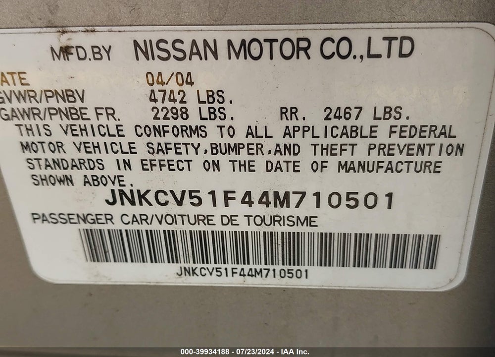 2004 INFINITI G35X VIN: JNKCV51F44M710501