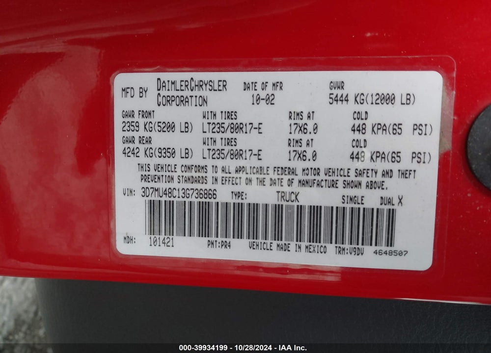2003 DODGE RAM 3500 SLT/LARAMIE/ST VIN: 3D7MU48C13G736866