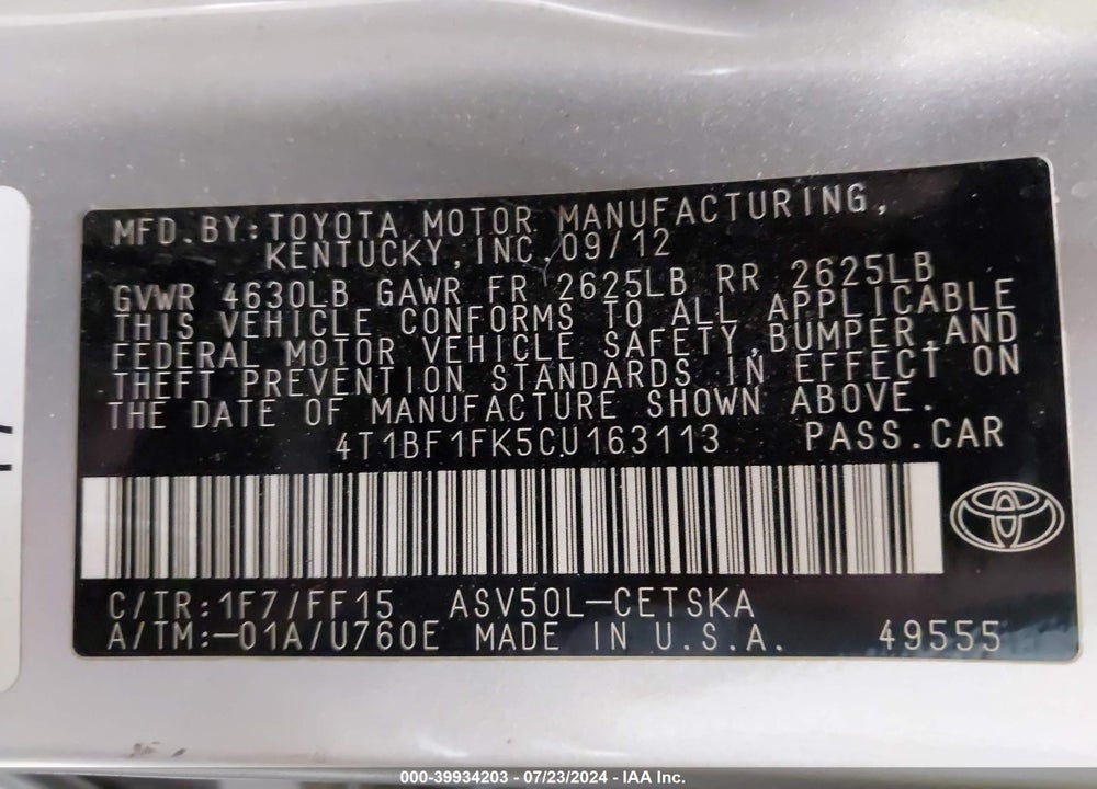 2012 TOYOTA CAMRY SE VIN: 4T1BF1FK5CU163113