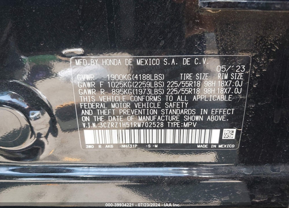 2024 HONDA HR-V 2WD SPORT/2WD SPORT W/O BSI VIN: 3CZRZ1H51RM702528