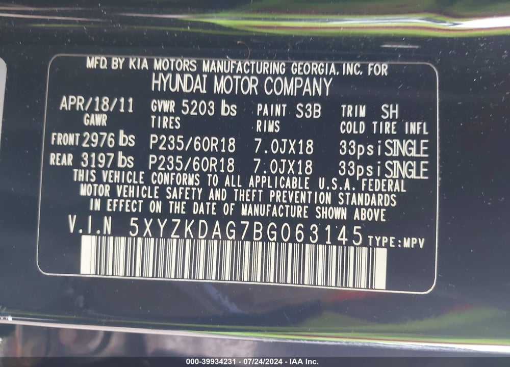 2011 HYUNDAI SANTA FE VIN: 5XYZKDAG7BG063145