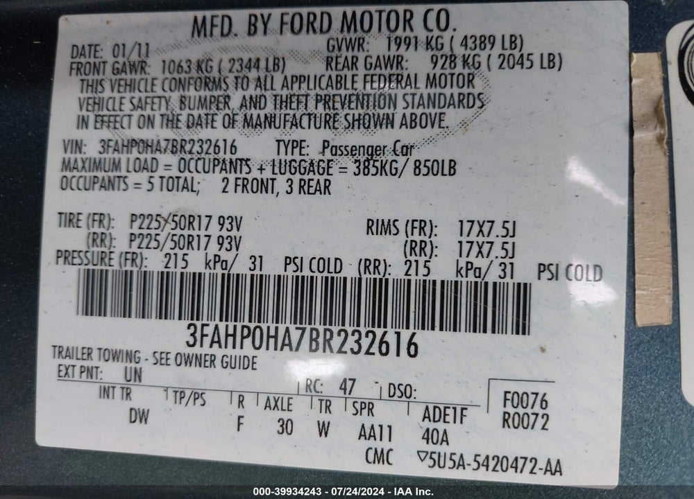 2011 FORD FUSION SE VIN: 3FAHP0HA7BR232616