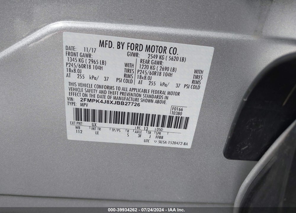 2018 FORD EDGE SEL VIN: 2FMPK4J8XJBB27726