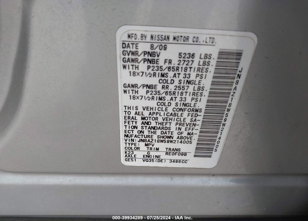 2009 NISSAN MURANO SL VIN: JN8AZ18W59W214005