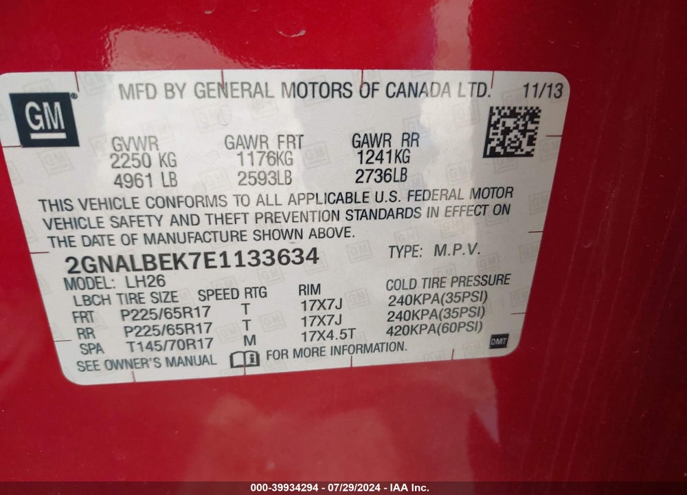 2014 CHEVROLET EQUINOX 1LT VIN: 2GNALBEK7E1133634