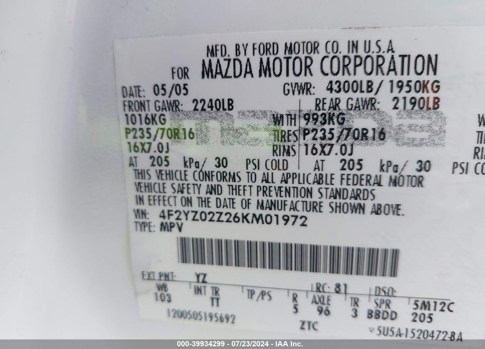 2006 MAZDA TRIBUTE I VIN: 4F2YZ02Z26KM01972