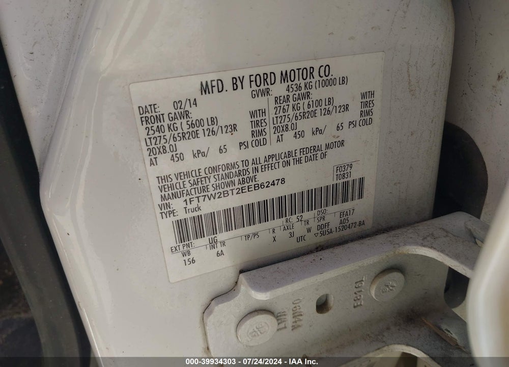 2014 FORD F-250 LARIAT VIN: 1FT7W2BT2EEB62478