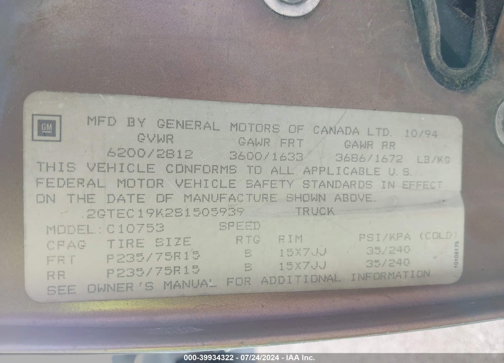 1995 GMC SIERRA C1500 VIN: 2GTEC19K2S1505939