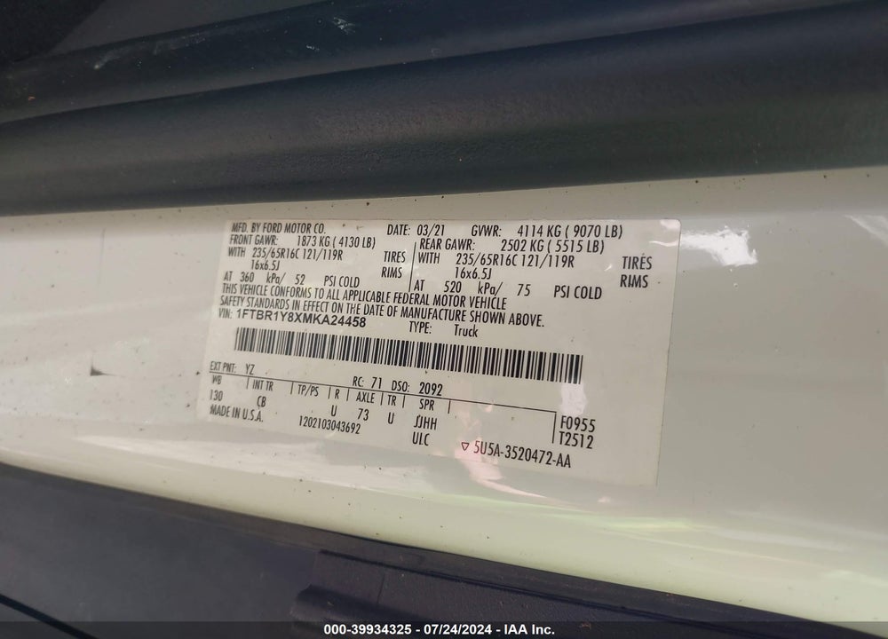 2021 FORD TRANSIT-250 VIN: 1FTBR1Y8XMKA24458