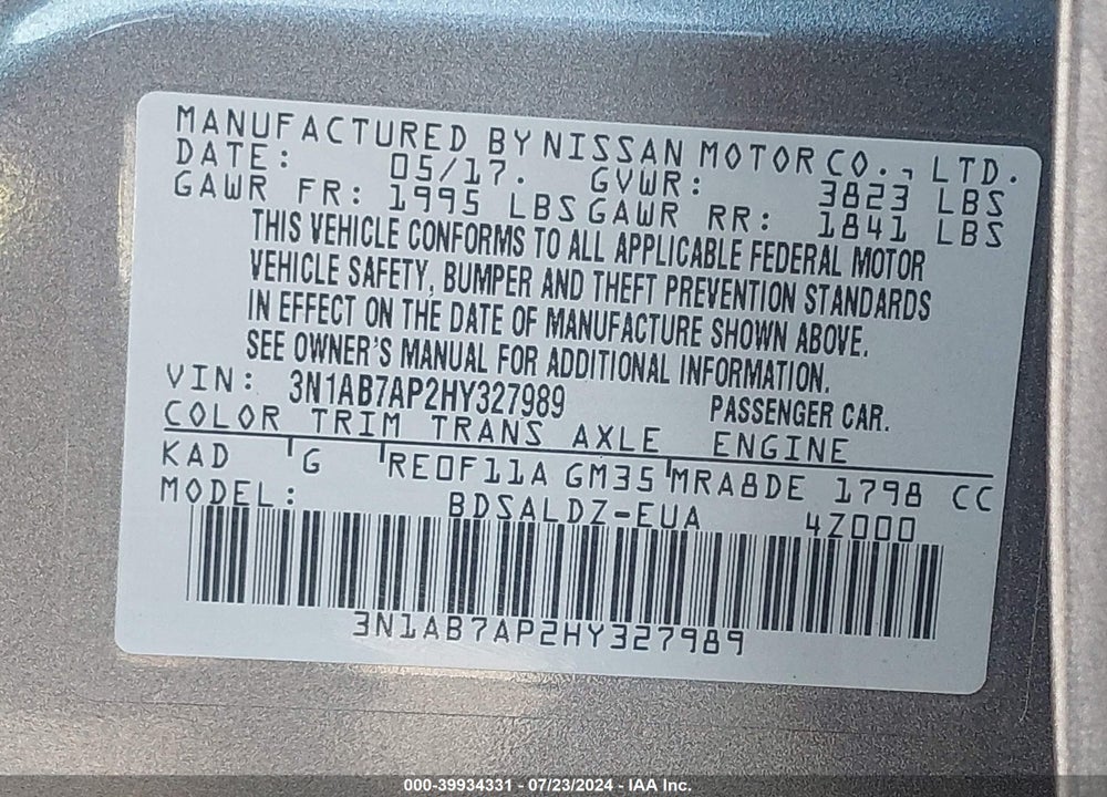 2017 NISSAN SENTRA SV VIN: 3N1AB7AP2HY327989