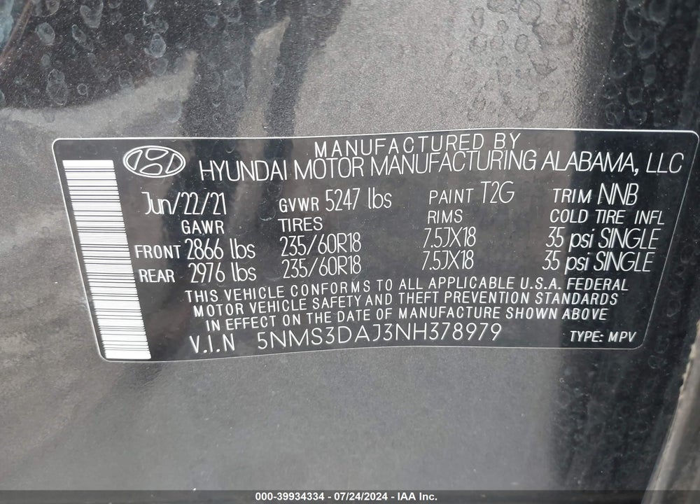 2022 HYUNDAI SANTA FE SEL VIN: 5NMS3DAJ3NH378979