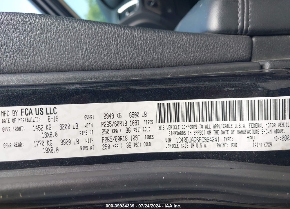 2015 DODGE DURANGO SXT VIN: 1C4RDJAG6FC954241