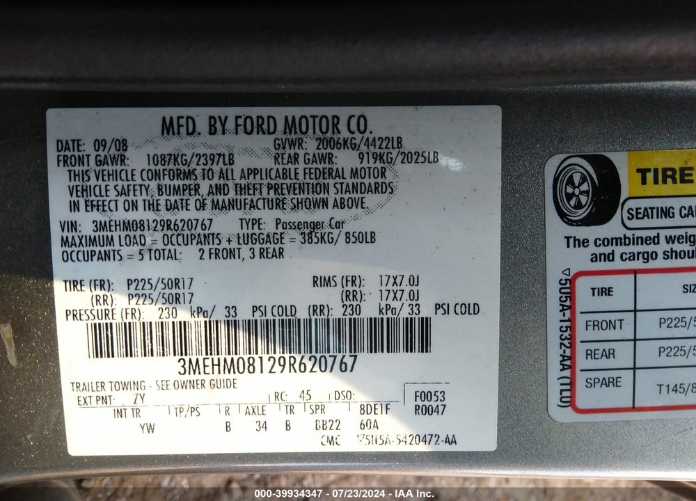 2009 MERCURY MILAN V6 PREMIER VIN: 3MEHM08129R620767