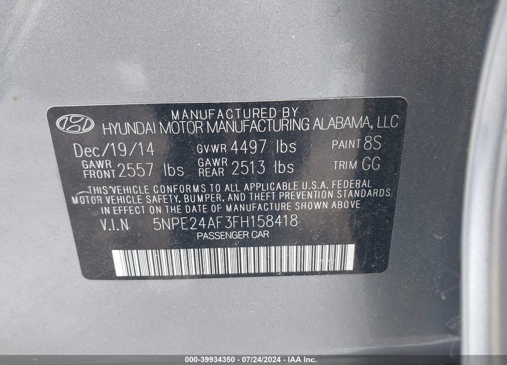 2015 HYUNDAI SONATA SE VIN: 5NPE24AF3FH158418