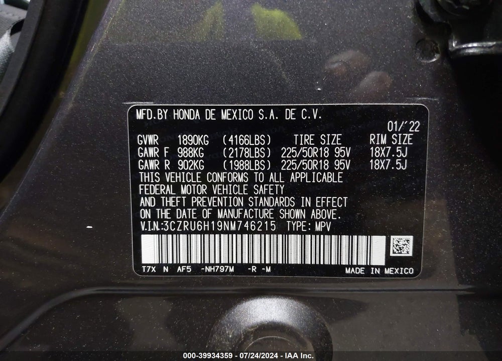 2022 HONDA HR-V AWD SPORT VIN: 3CZRU6H19NM746215