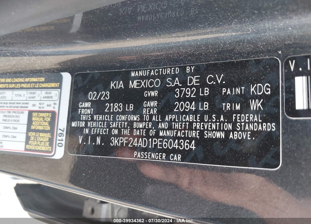 2023 KIA FORTE LXS VIN: 3KPF24AD1PE604364