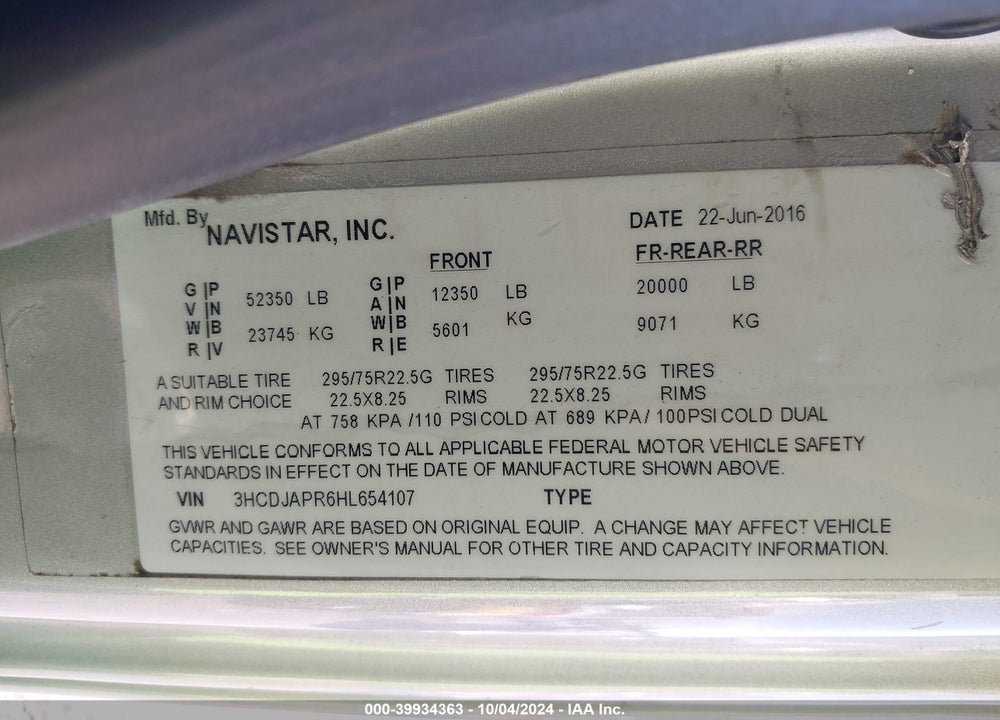 2017 INTERNATIONAL PROSTAR VIN: 3HCDJAPR6HL654107