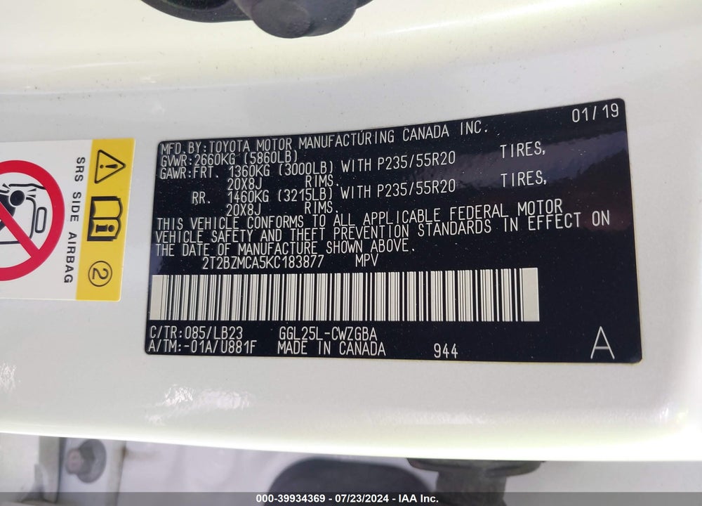 2019 LEXUS RX 350 VIN: 2T2BZMCA5KC183877