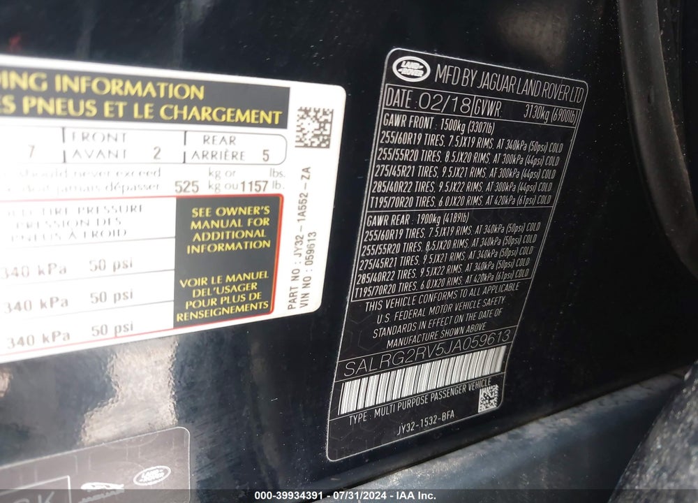 2018 LAND ROVER DISCOVERY SE VIN: SALRG2RV5JA059613