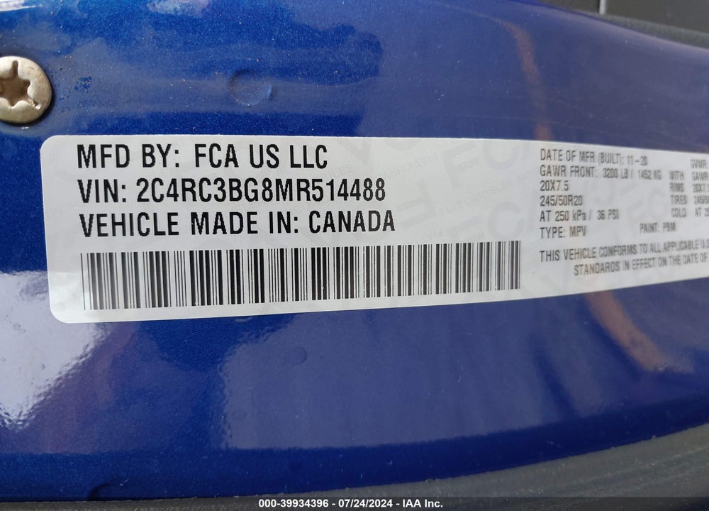 2021 CHRYSLER PACIFICA TOURING L AWD VIN: 2C4RC3BG8MR514488