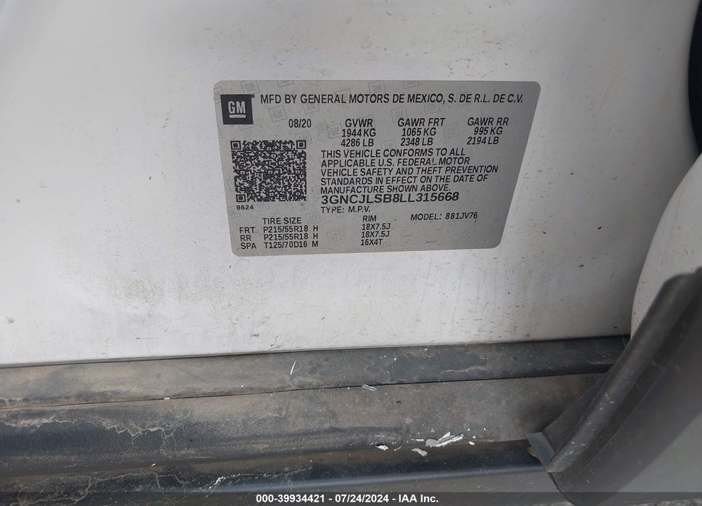 2020 CHEVROLET TRAX FWD LT VIN: 3GNCJLSB8LL315668