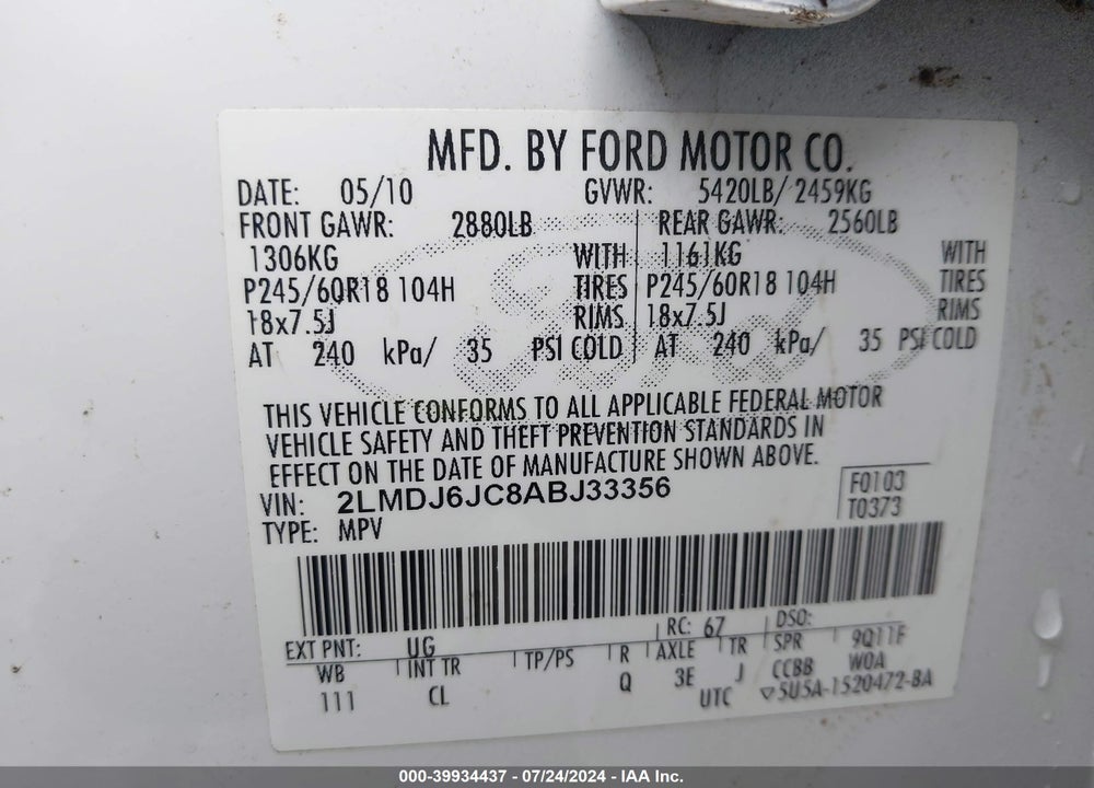 2010 LINCOLN MKX VIN: 2LMDJ6JC8ABJ33356