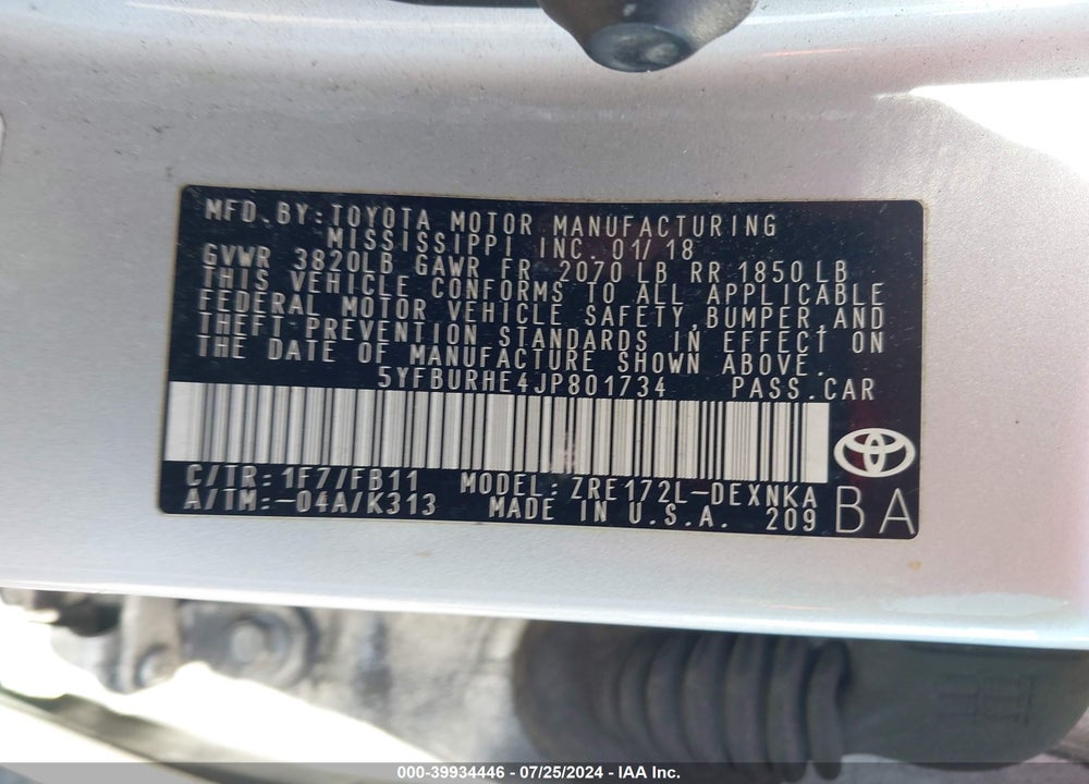 2018 TOYOTA COROLLA LE VIN: 5YFBURHE4JP801734