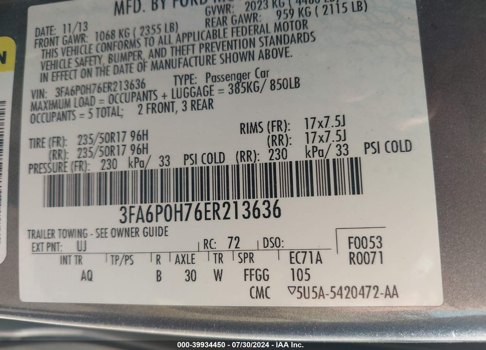 2014 FORD FUSION SE VIN: 3FA6P0H76ER213636