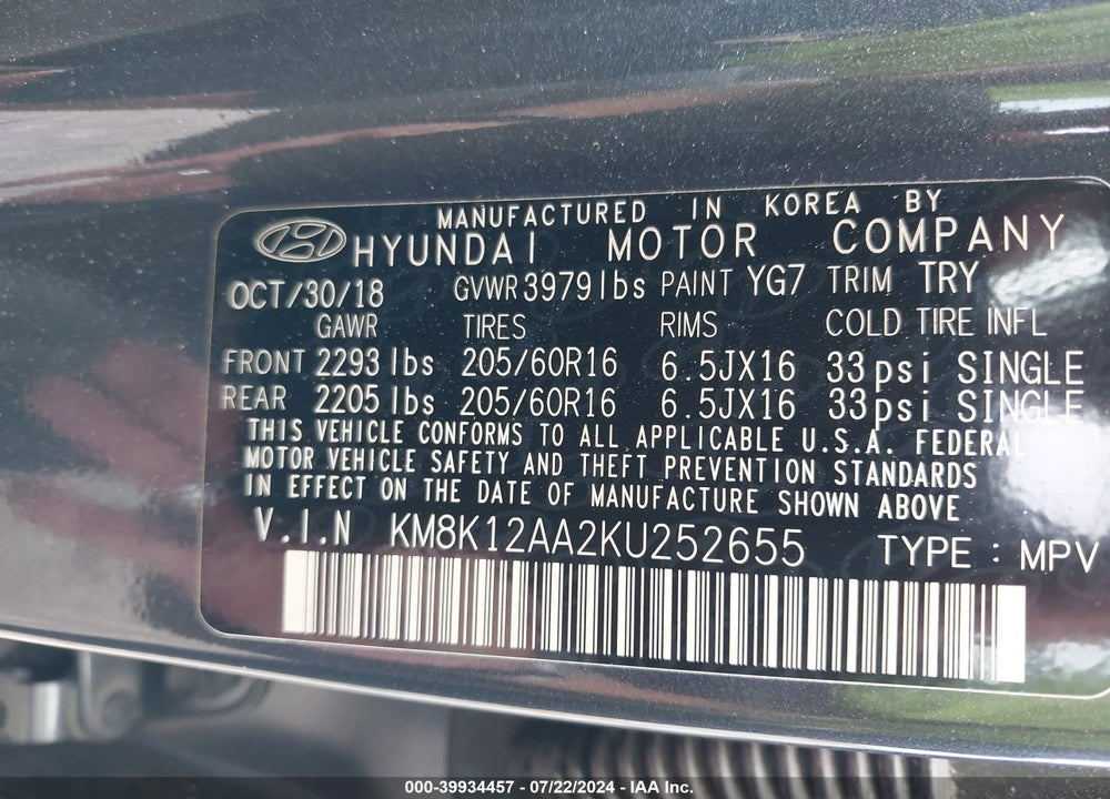 2019 HYUNDAI KONA SE VIN: KM8K12AA2KU252655