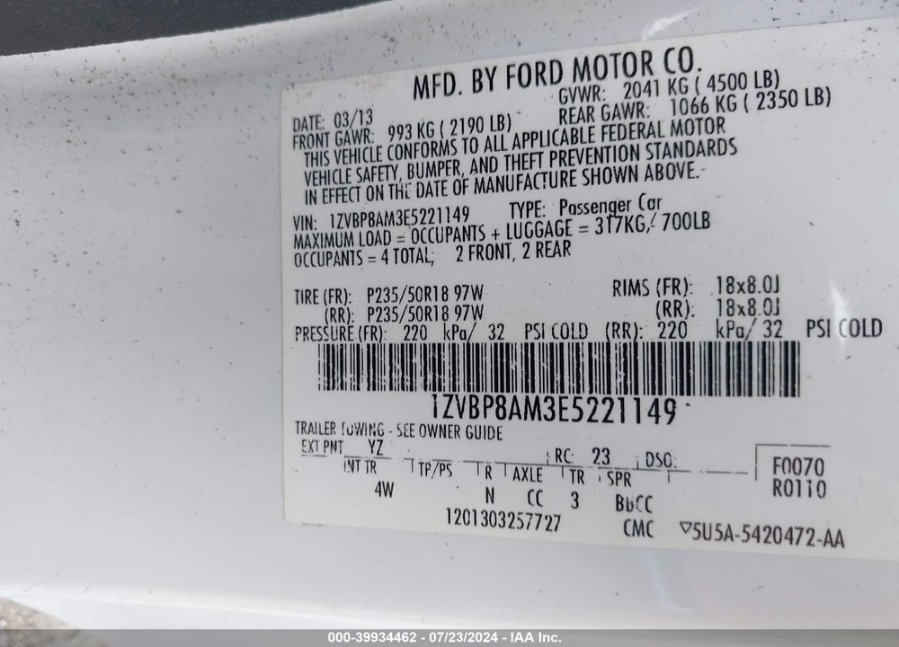 2014 FORD MUSTANG V6 PREMIUM VIN: 1ZVBP8AM3E5221149
