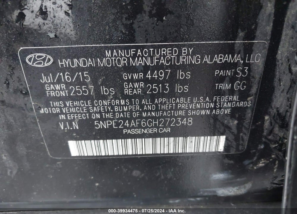 2016 HYUNDAI SONATA SE VIN: 5NPE24AF6GH272348