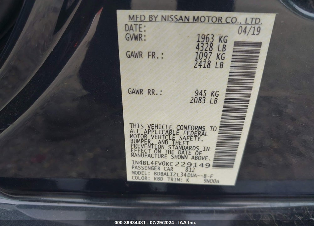 2019 NISSAN ALTIMA 2.5 SL VIN: 1N4BL4EV0KC229149