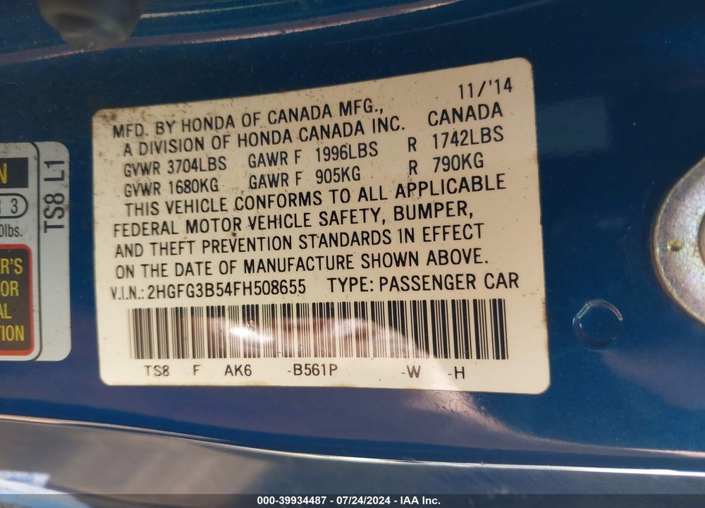2015 HONDA CIVIC VIN: 2HGFG3B54FH508655